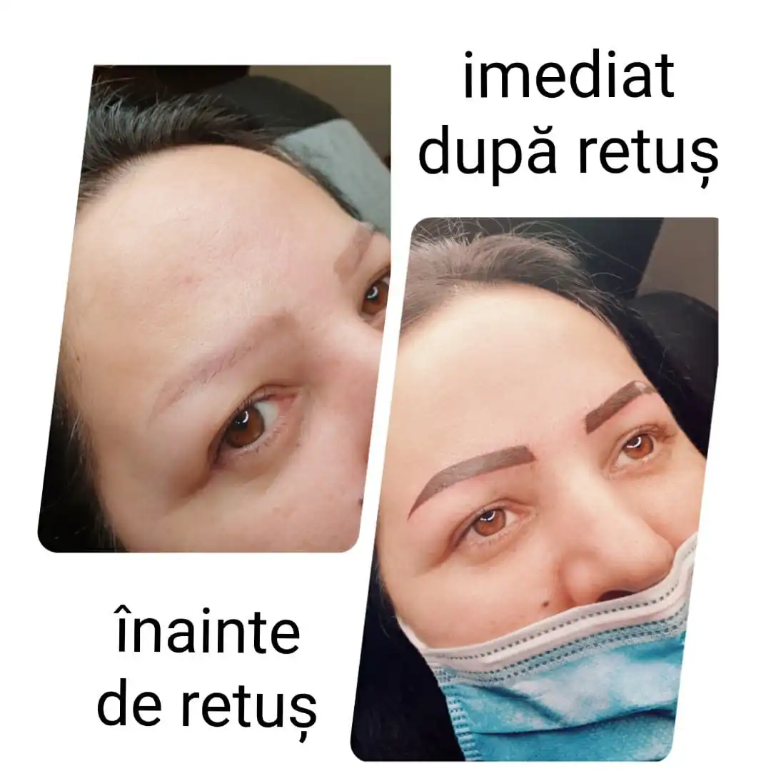 Înainte și după micropigmentarea sprâncenelor - diferență vizibilă în contur și densitate.