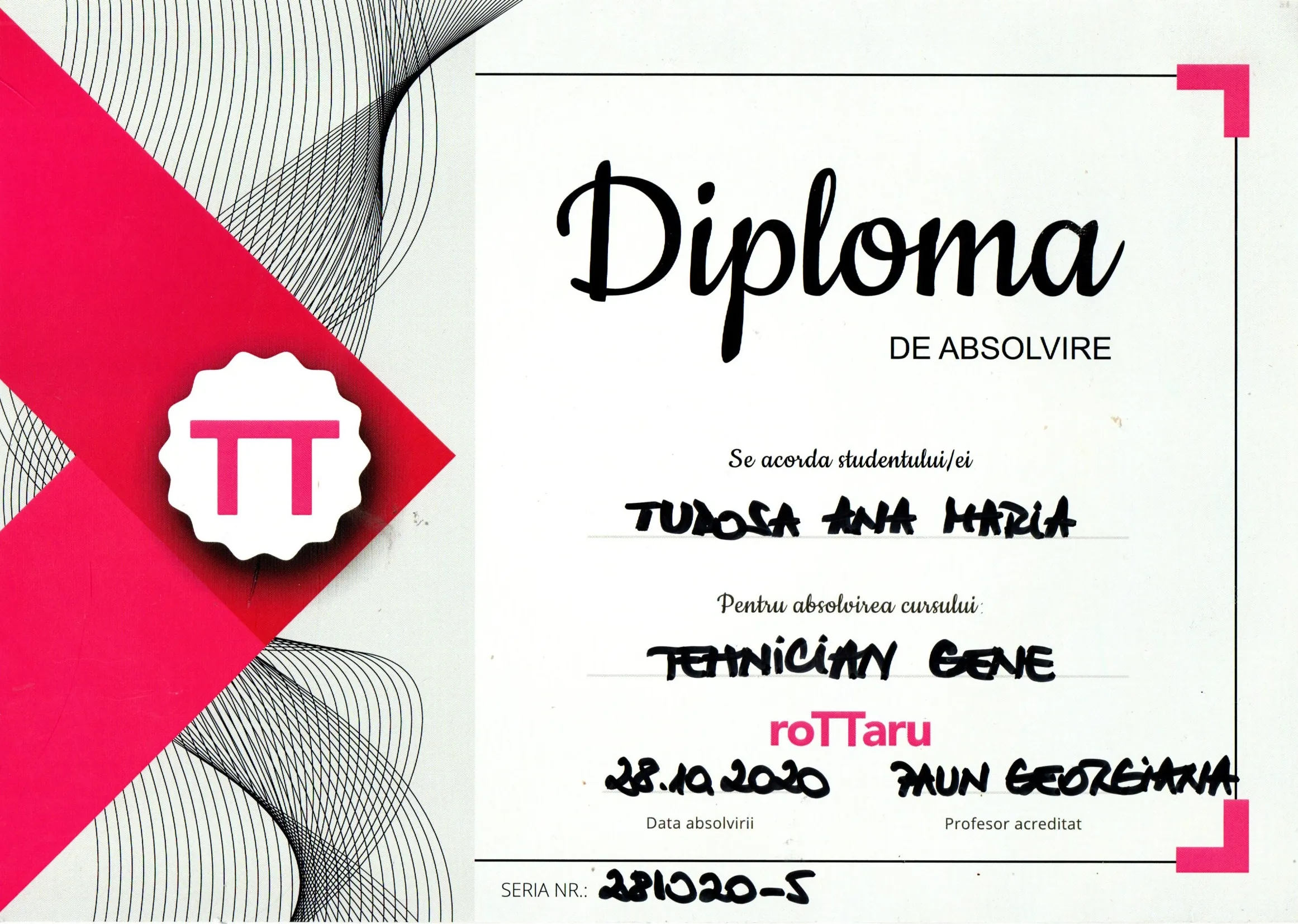 Diplomă de absolvire - Tehnician Gene