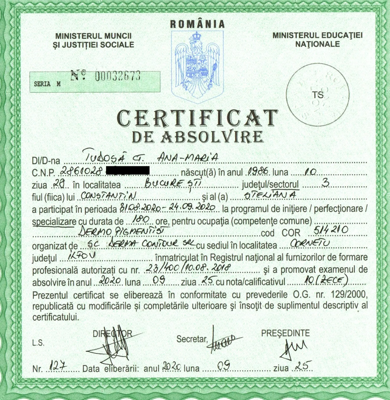 Certificat de absolvire - Dermopigmentare